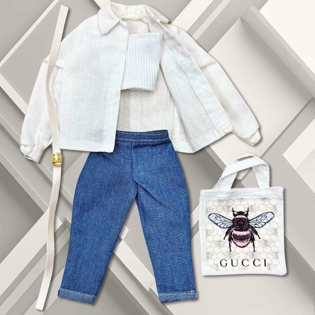 Handmade Casual Outfit with Oversized White Dress Shirt Denim Capri Pants and White Tube Top for 11.5” Fashion Dolls