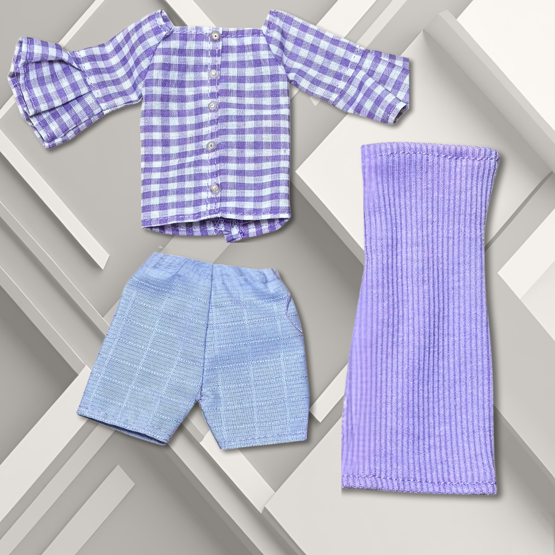 Purple Mix and Match Outfit with Oversized Gingham Top Shorts Body Con Mini Dress for 11.5” Fashion Dolls