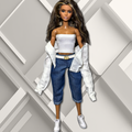 Handmade Casual Outfit with Oversized White Dress Shirt Denim Capri Pants and White Tube Top for 11.5” Fashion Dolls