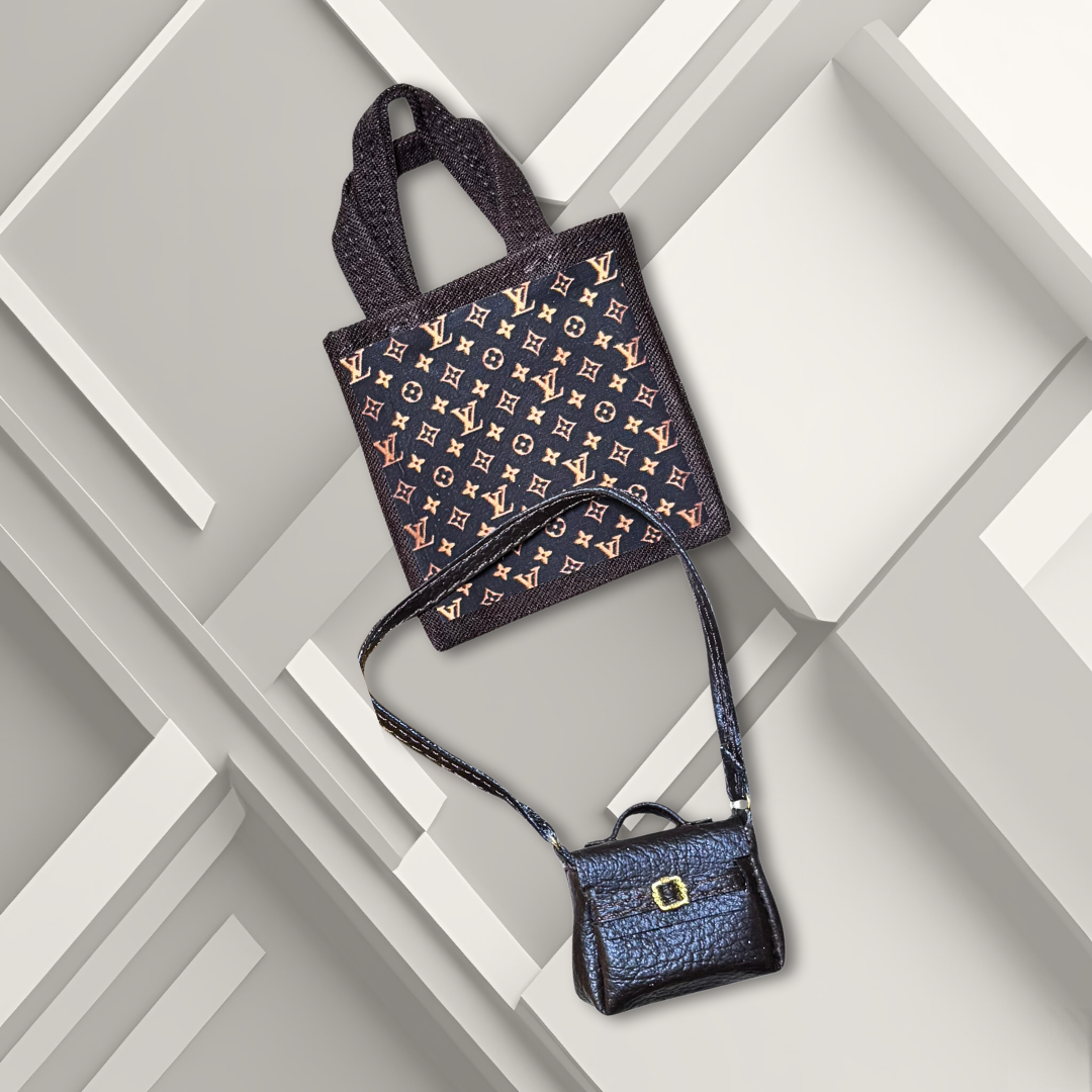 Brown bag and tote featuring a designer- inspired LV pattern.