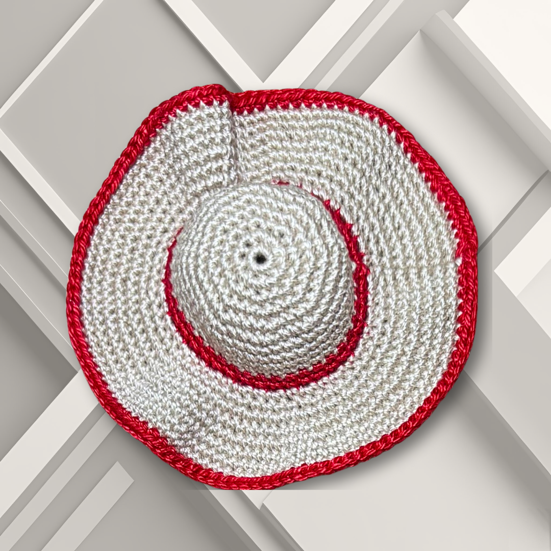 Red and tan crocheted sun hat for 11.5" curvy Barbie fashion doll.