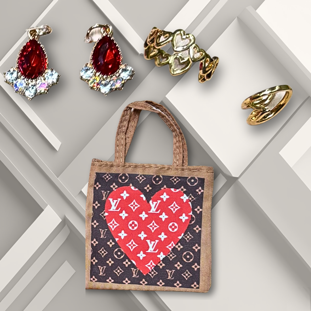 Ruby and gold jewelry and tote with designer- inspired print for 11.5" curvy Barbie fashion doll.