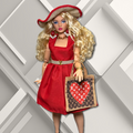 Red sun dress with crocheted sun hat, matching ruby and gold jewelry, and tote with designer- inspired print for 11.5" curvy Barbie fashion doll.