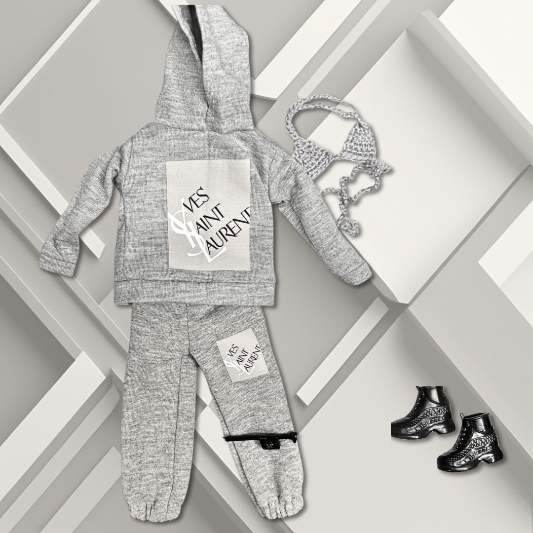 Handmade Casual Outfit with Oversized Hoodie Crochet Bikini Top and Oversized Sweatpants for 11.5" Fashion Doll