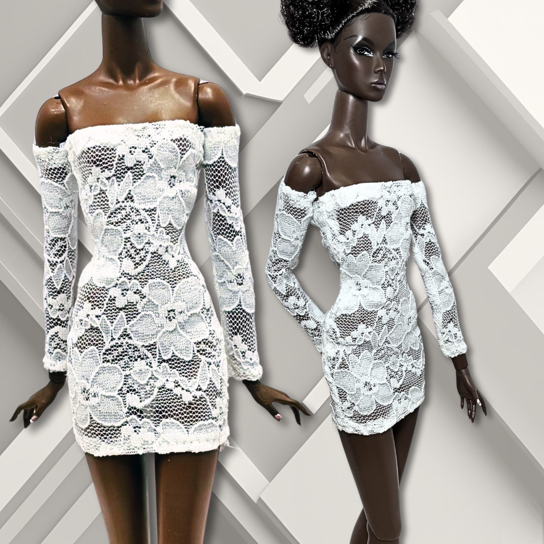 12" African- American Integrity Toys NuFace fashion doll wearing a handmade, white, lace, sheath mini dress.