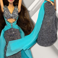 Hand- Beaded Silver Gown with Teal Train for 12" Fashion Dolls