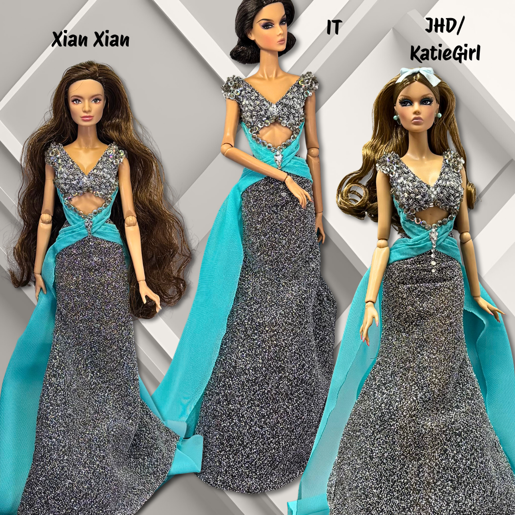 Hand- Beaded Silver Gown with Teal Train for 12" Fashion Dolls