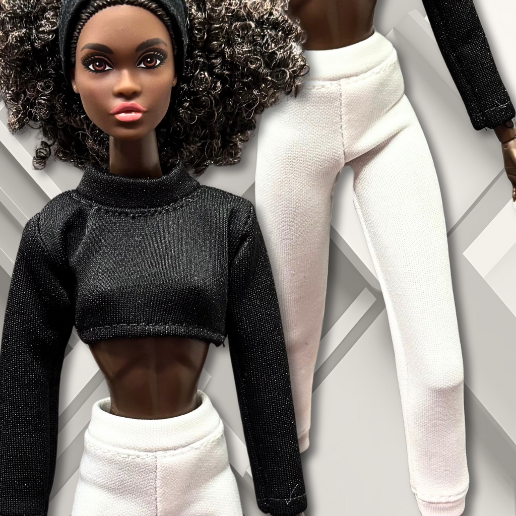 Handmade black, cropped, long- sleeve top, white sweatpants, and pink fluffy, faux- fur coat for 12" Integrity Toys/ supermodel fashion doll.