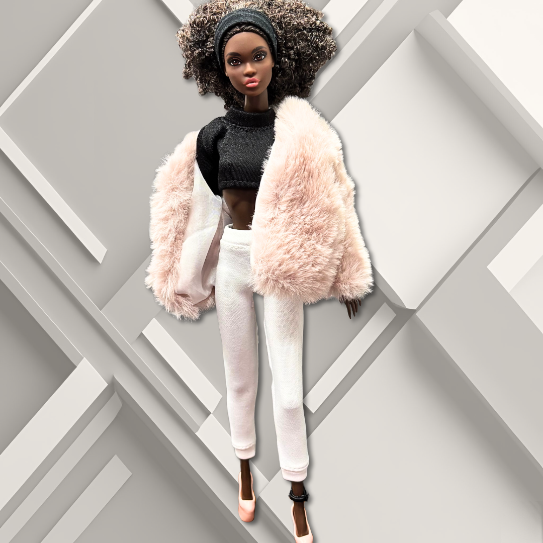 Handmade Black Top, White Sweatpants, Pink Faux- Fur Coat for 12" Fashion Doll
