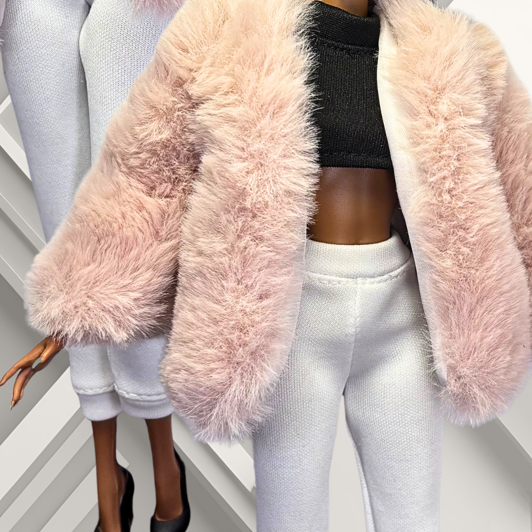 Handmade Black Top, White Sweatpants, Pink Faux- Fur Coat for 12" Fashion Doll
