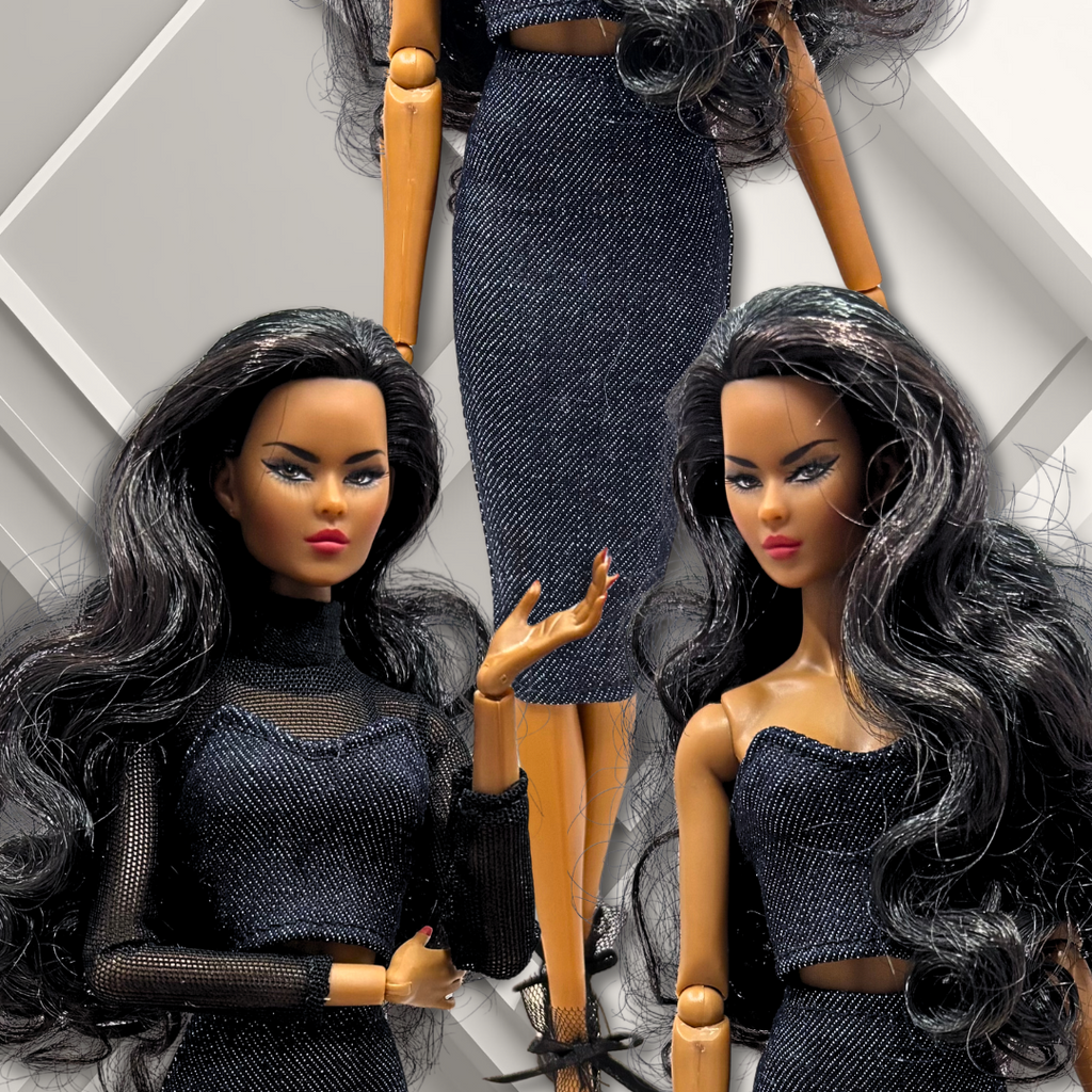 Handmade Black Mesh Top with Sleek Cropped Denim Corset Top and Pencil Skirt for 12" Supermodel Fashion Dolls