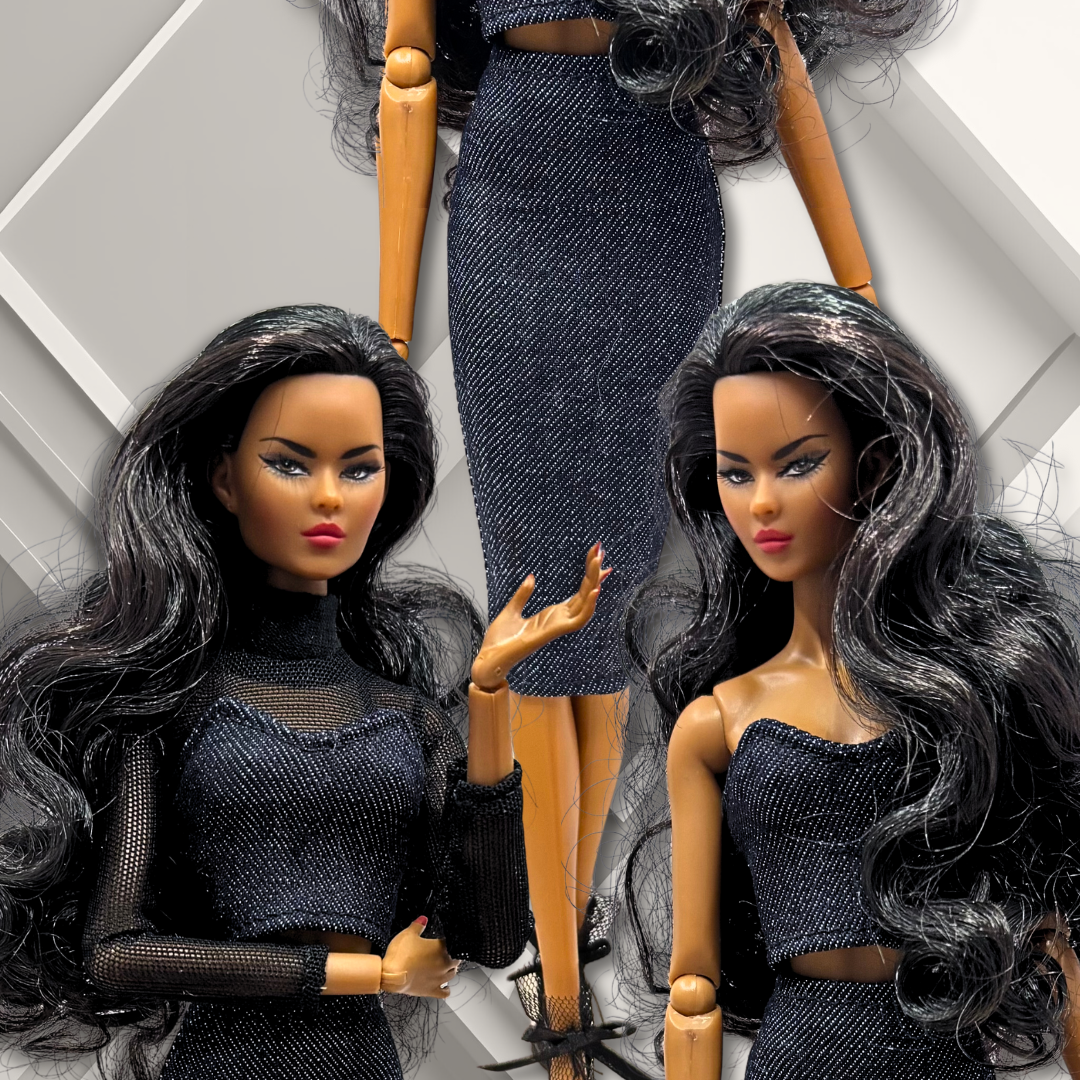 Handmade Black Mesh Top with Sleek Cropped Denim Corset Top and Pencil Skirt for 12" Supermodel Fashion Dolls