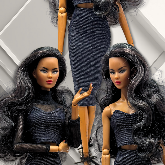 Handmade Black Mesh Top with Sleek Cropped Denim Corset Top and Pencil Skirt for 12" Supermodel Fashion Dolls