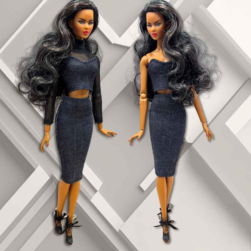 Handmade Black Mesh Top with Sleek Cropped Denim Corset Top and Pencil Skirt for 12" Supermodel Fashion Dolls