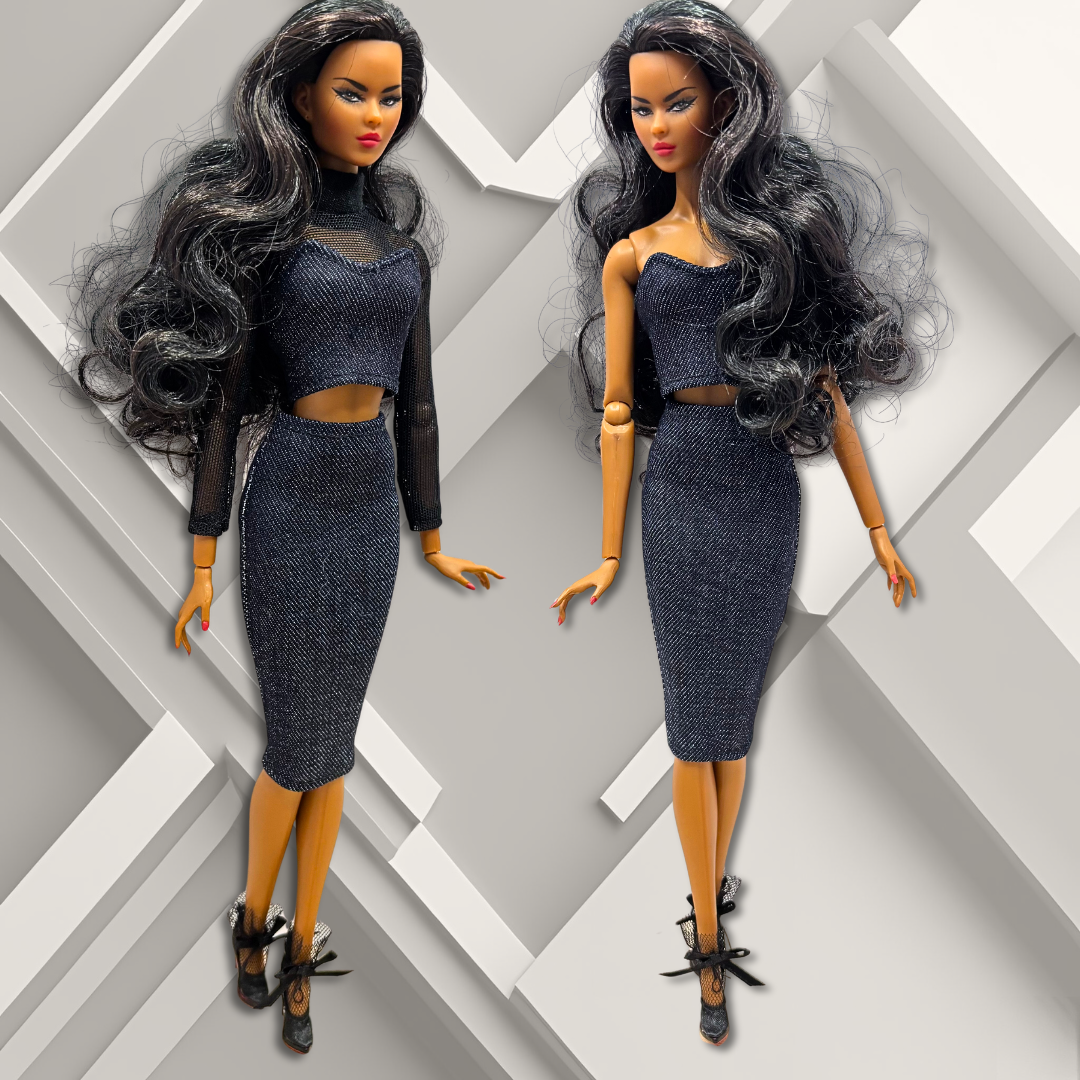 Handmade Black Mesh Top with Sleek Cropped Denim Corset Top and Pencil Skirt for 12" Supermodel Fashion Dolls