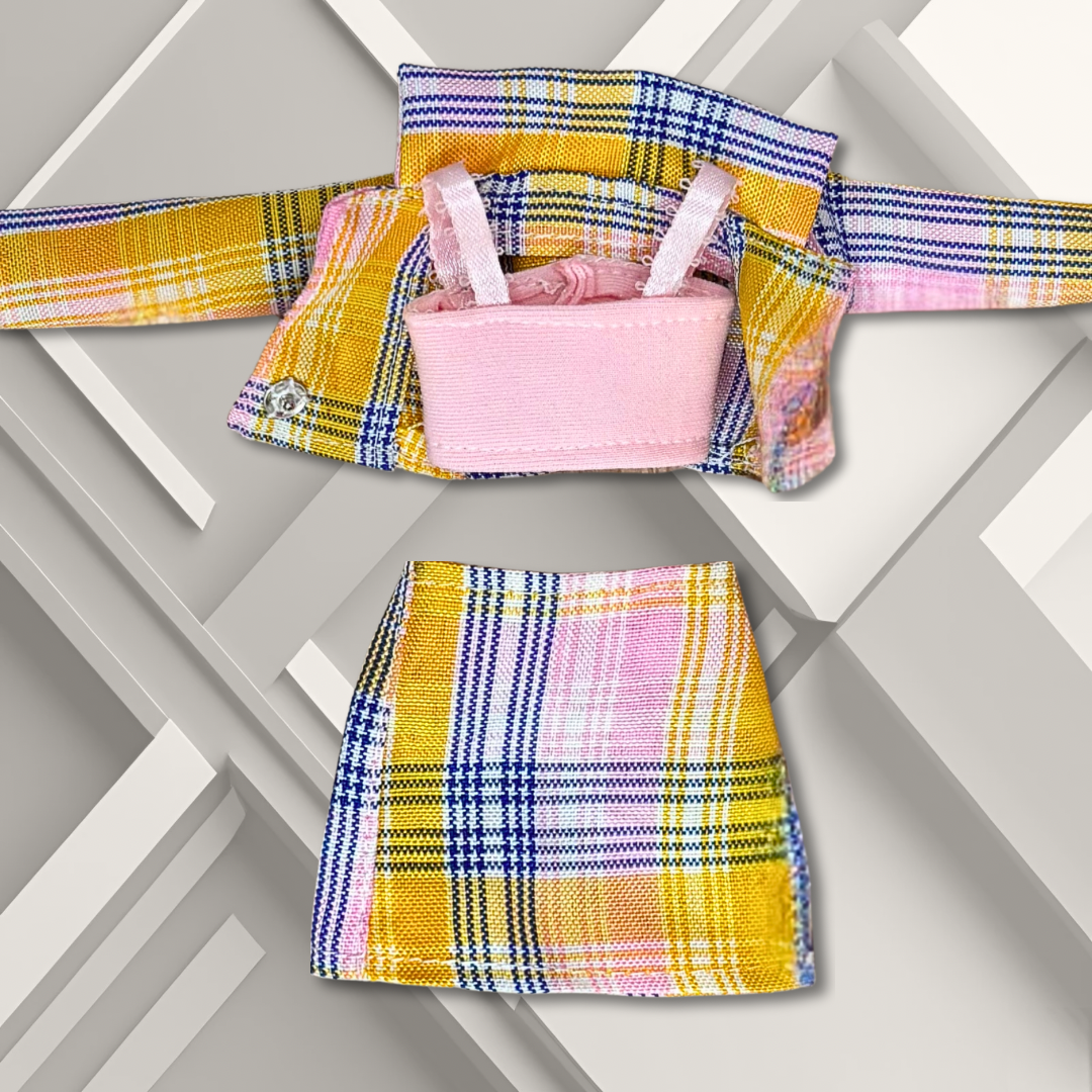 Handmade Outfit with Plaid Jacket Pink Top and Plaid Skirt for 11.5” Fashion Dolls