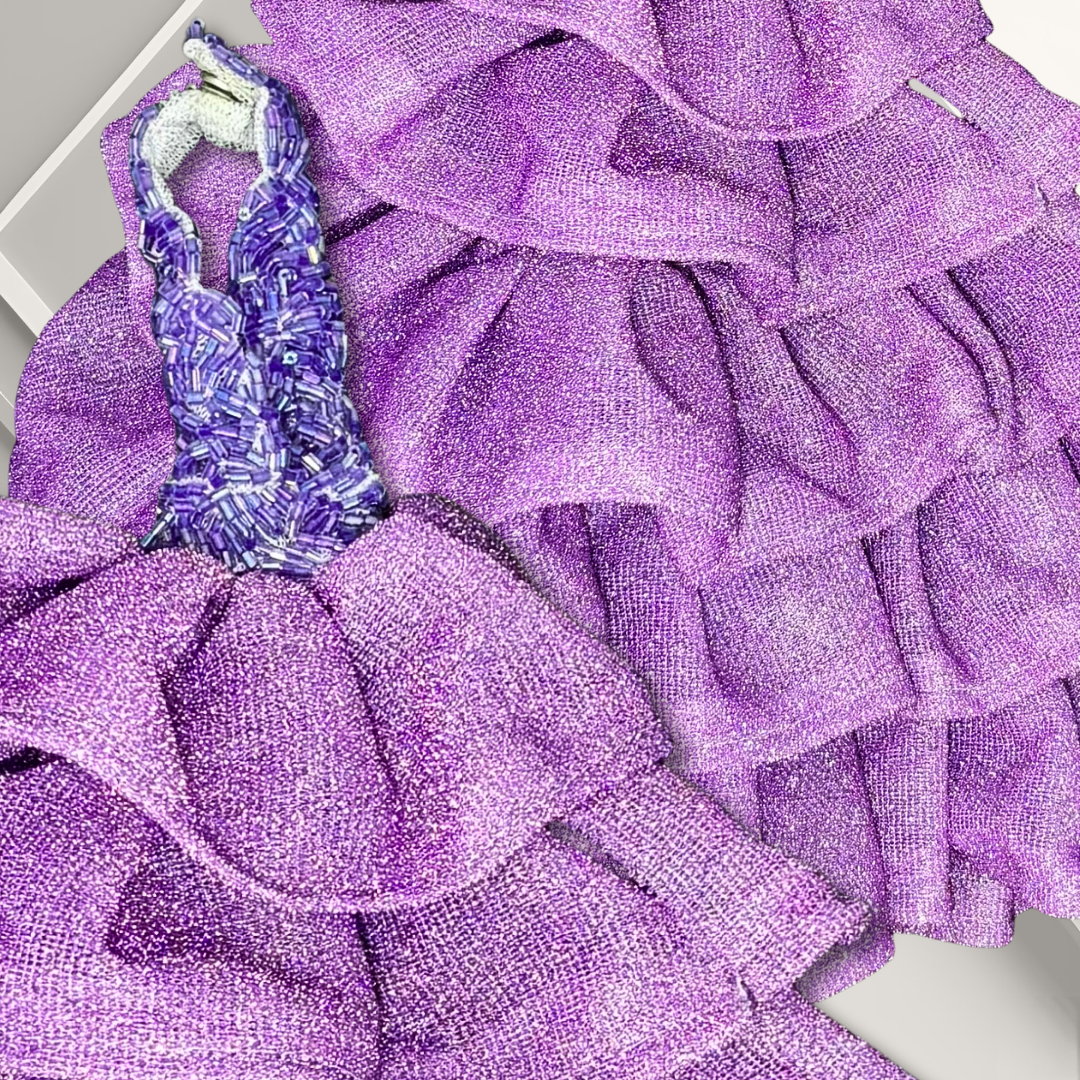 Hand Beaded Purple Halter Gown with Shimmering Ruffles for 12” Supermodel Fashion Dolls