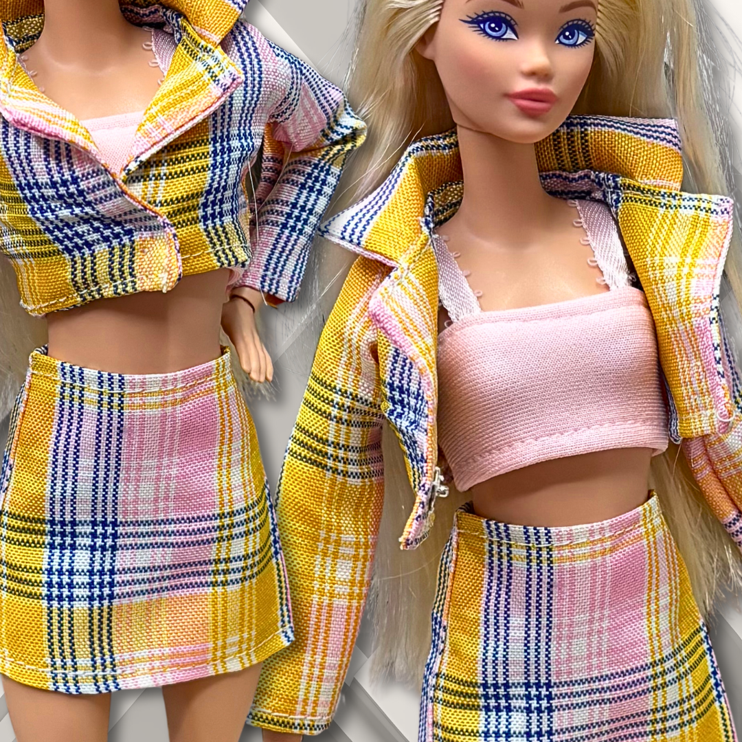 Handmade Outfit with Plaid Jacket Pink Top and Plaid Skirt for 11.5” Fashion Dolls