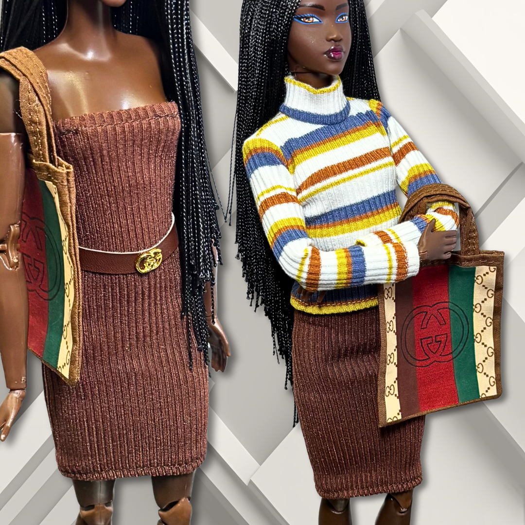 Handmade Casual Outfit with Striped Sweater, Flare Jeans, Brown Sheath Dress for Standard 11.5” Fashion Dolls