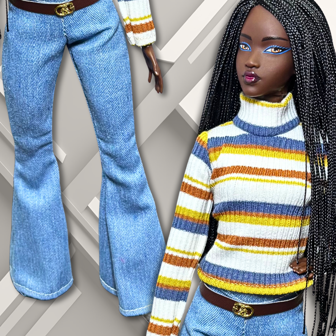 Handmade Casual Outfit with Striped Sweater, Flare Jeans, Brown Sheath Dress for Standard 11.5” Fashion Dolls