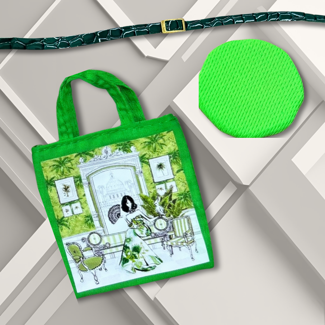 Handmade Green Beret, Faux- Leather Belt, and Tote with Designer- Inspired Print for Regular 11.5" Barbie Fashion Doll