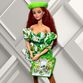 Handmade Green and White Floral Dress with Beret, Faux- Leather Belt, and Tote with Designer- Inspired Print for Regular 11.5" Barbie Fashion Doll