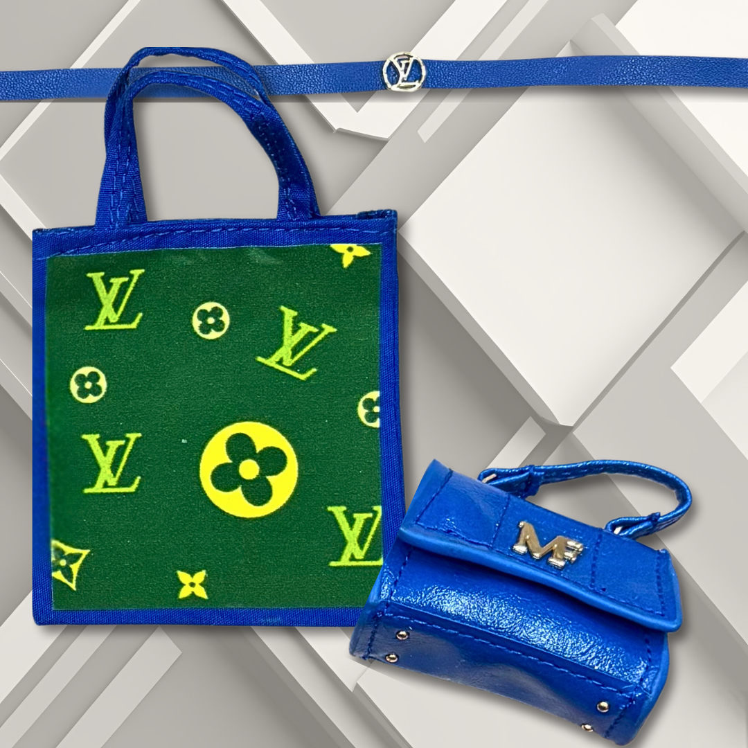 Bag, Faux Leather Belt, and Canvas Tote Featuring Green, Blue, and Yellow Designer- Inspired Print for 11.5" Regular Barbie Fashion Doll