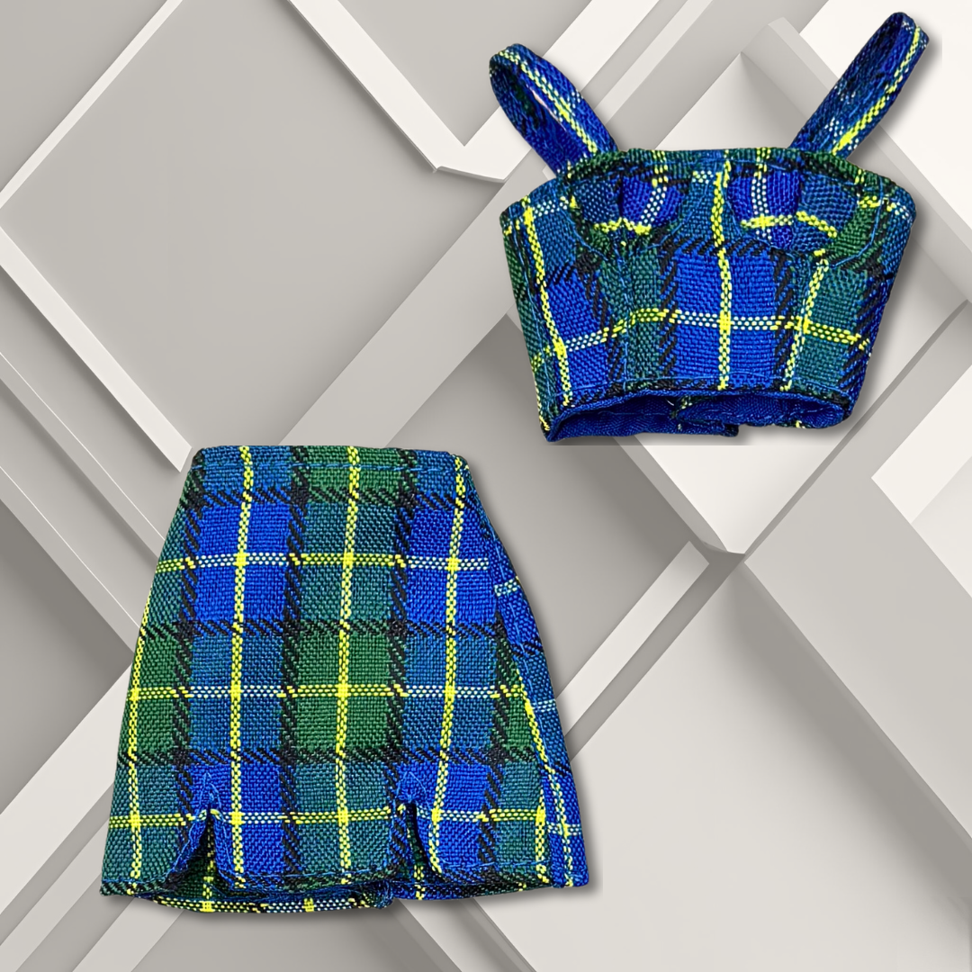 Handmade Blue and Green Tartan Cropped Tank with Mini Skirt.