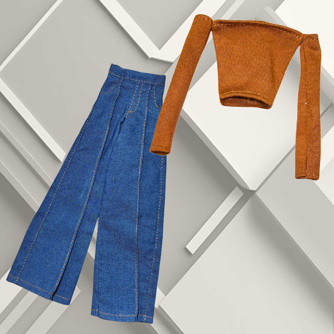 Brown long- sleeved- off- the- should top with wide- leg denim jeans for 11.5" Barbie fashion dolls.