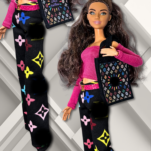 Casual Long Sleeve Off the Shoulder Top with Wide Leg Pants Featuring Luxury Print for Standard 11.5" Fashion Dolls