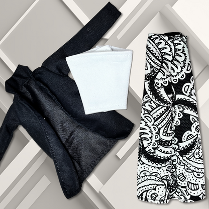 Black and White Wide Leg Pant Set with White Tube Top and Black Jacket for 11.5" Fashion Dolls