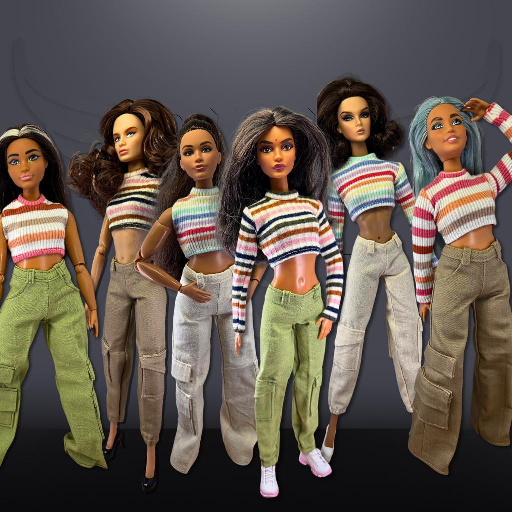 Set of six dolls with diverse hairstyles and outfits on a dark background