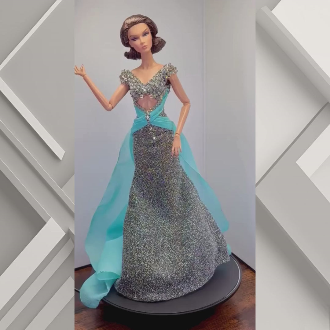 Hand- Beaded Silver Gown with Teal Train for 12" Fashion Dolls