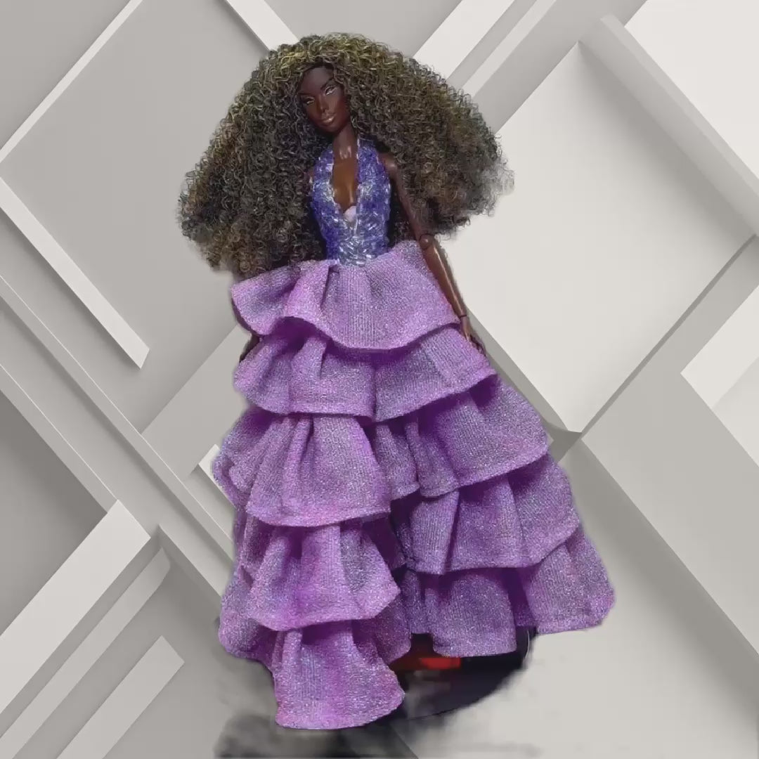 Hand Beaded Purple Halter Gown with Shimmering Ruffles for 12” Supermodel Fashion Dolls