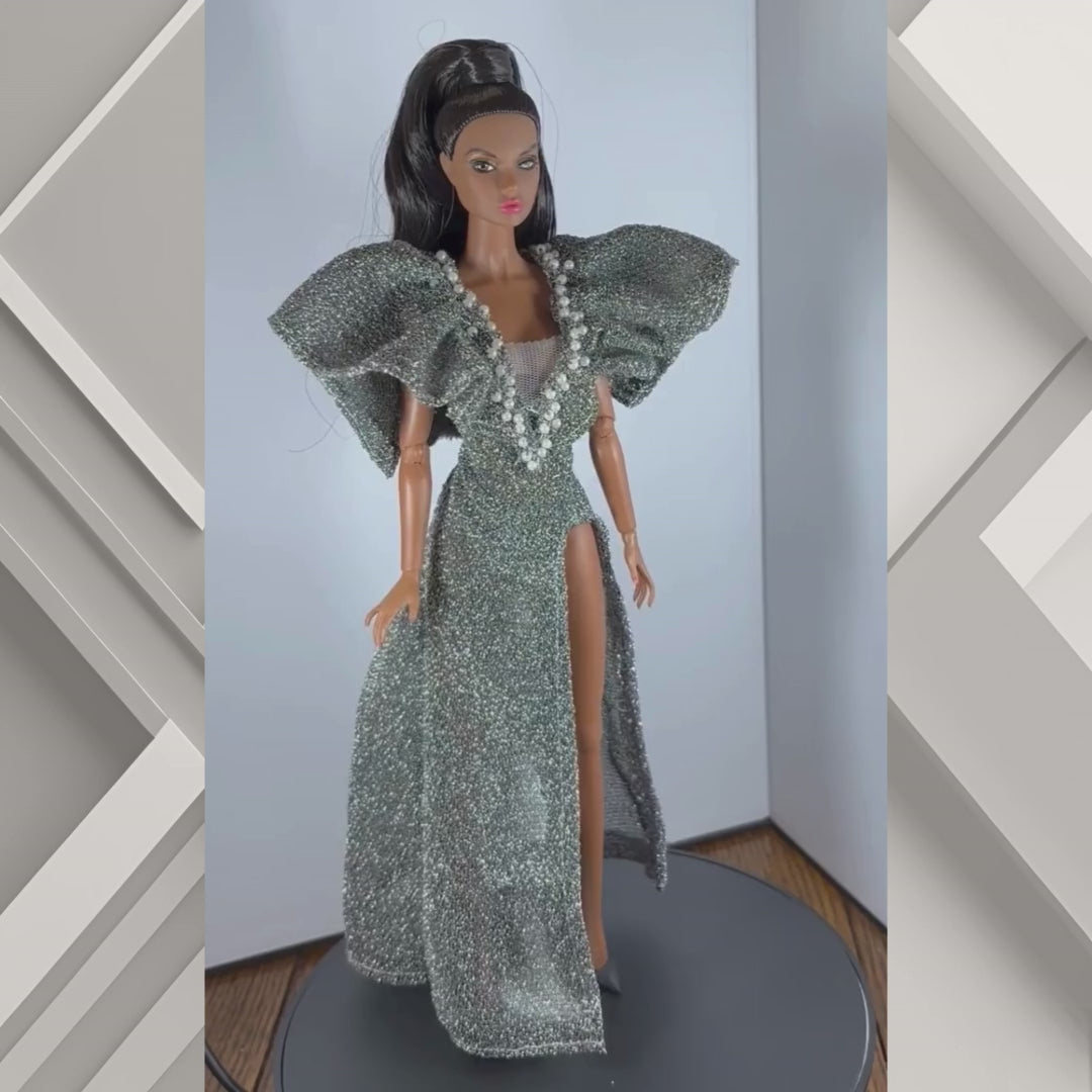 Shimmering Silver Gown with Hand- Beaded Pearls for 11.5" Fashion Dolls